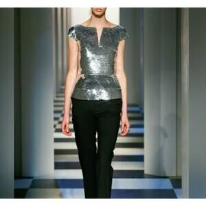 NWT Oscar De La Renta Silk Peplum Top Silver Sequin V Neck Size 10 Classic $6890